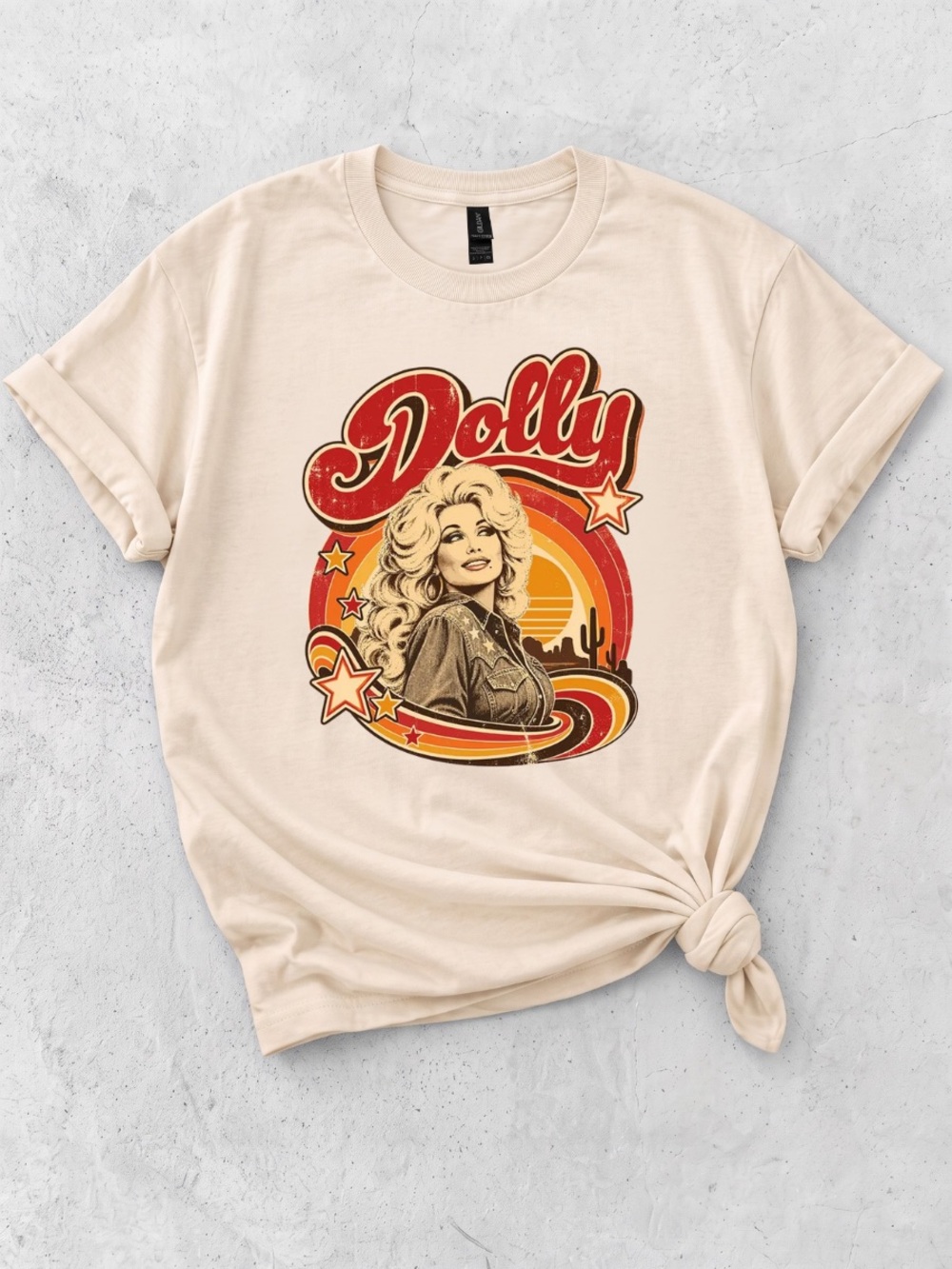 Gildan Cream 'Dolly' Retro Graphic Tee with Red and Orange Accents